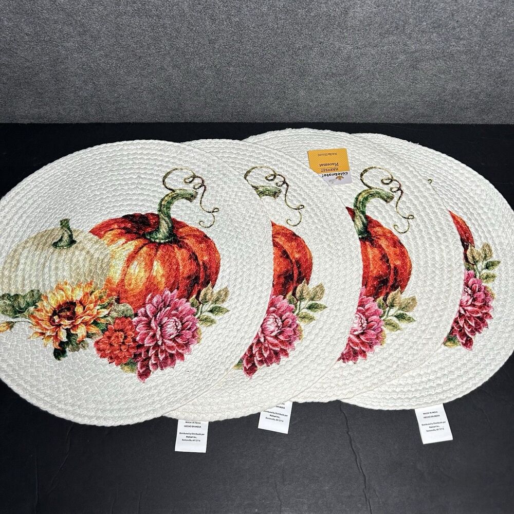 Way to Celebrate Botanical Pumpkins Braided 14" Round Placemat Fall Thanksgiving